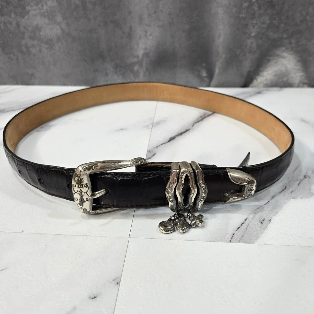 Brighton Belt Womens S 28 Black Croco Embossed Leather Silver Charms Classic